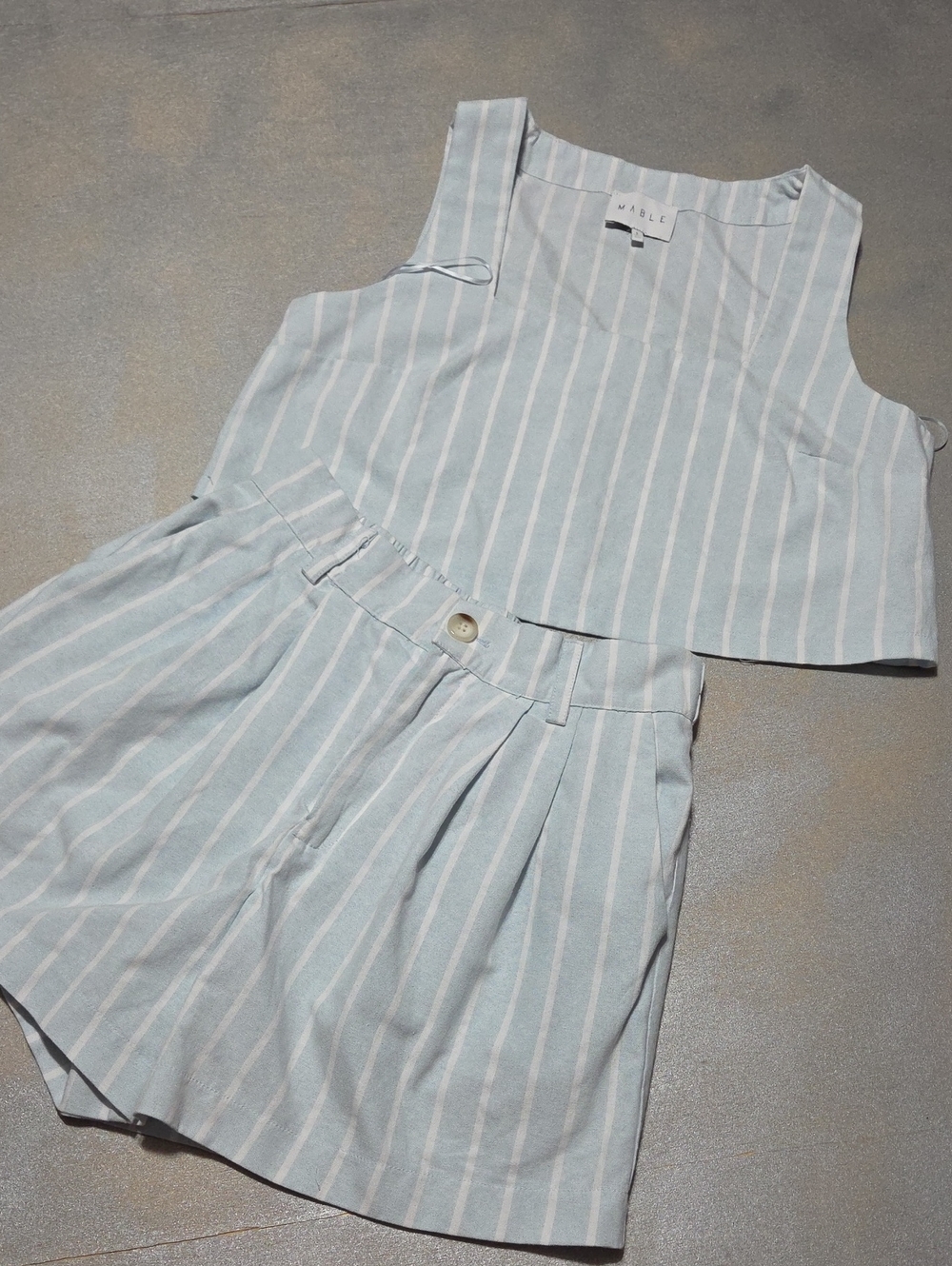 MAPLE Pale Blue & White Striped Crop Tank and High-Waist Shorts Set